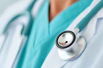 A close up view of stethoscope resting on medical professionals scrubs, symbolizing healthcare and compassion. image conveys sense of trust and professionalism in medical field