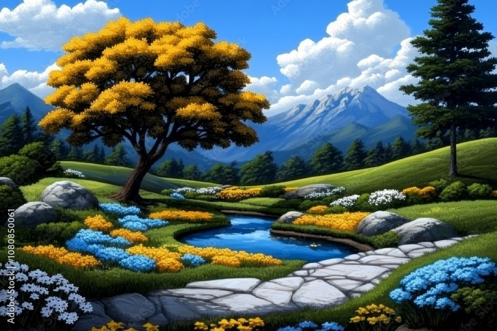 Poster pixel art of a colorful spring meadow with flowers and a small pond, bright retro colors and 8-bit s