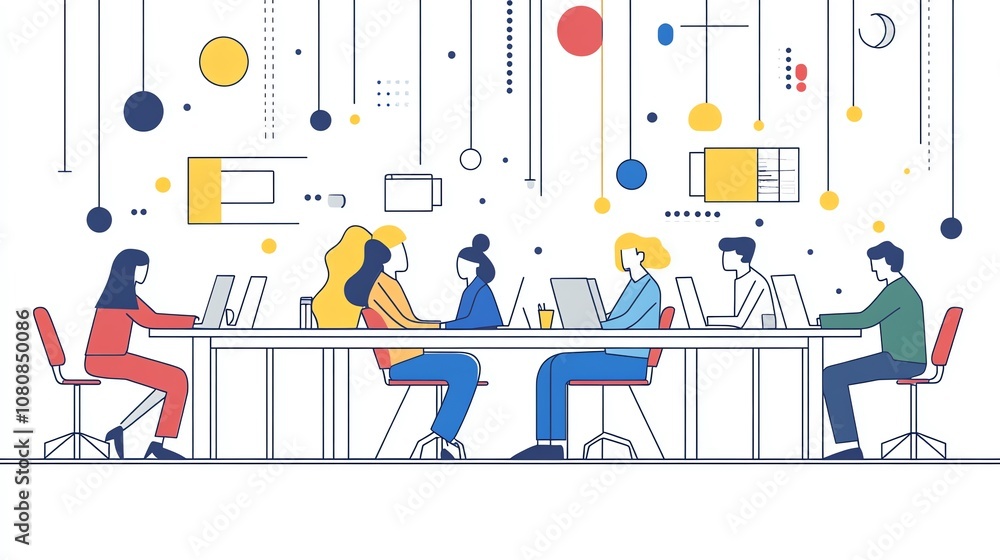 Poster a group of people working together at a table in an office setting, with colorful abstract shapes ha