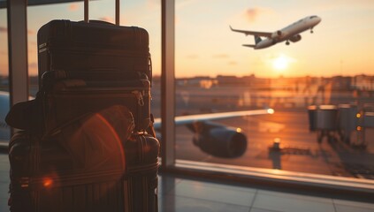 suitcase with airplane background at the airport, traveling photo concept