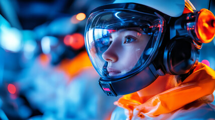 A focused astronaut in high tech helmet gazes into distance, surrounded by futuristic environment. vibrant blue and orange lighting enhances scenes intensity and excitement