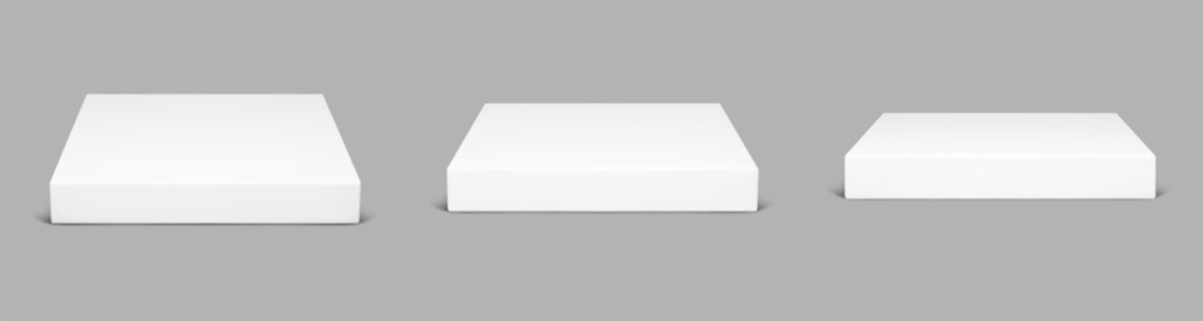 3d white podium. Square platform for product display. Blank block stage with shadow perspective mockup template. Gray realistic studio base for award or cosmetic presentation. Marble showroom floor.