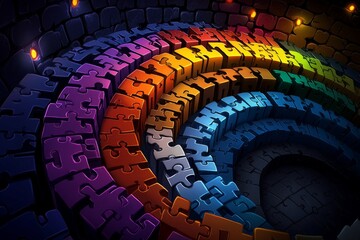 Pixel art puzzle with colorful pieces arranged in retro 8-bit style, creating a nostalgic gaming feel