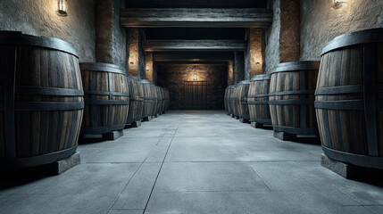 Wooden wine barrels lined up in a rustic stone cellar with dim lighting and a wooden door at the end of the corridor.