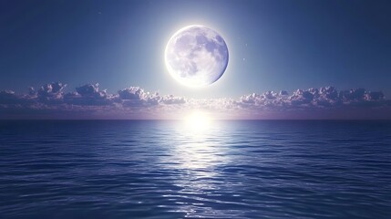 Full moon rising over a calm ocean