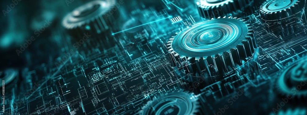 Poster digital gears with data and technology elements on a dark background