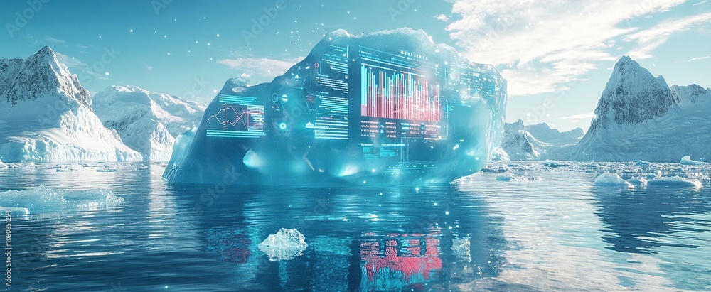 Poster digital icebergs with data visualizations and graphs floating in the water