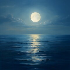 Full moon rising over a calm ocean