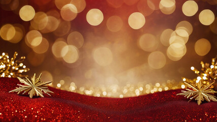 Red Background with Golden Stars and Festive Decorations