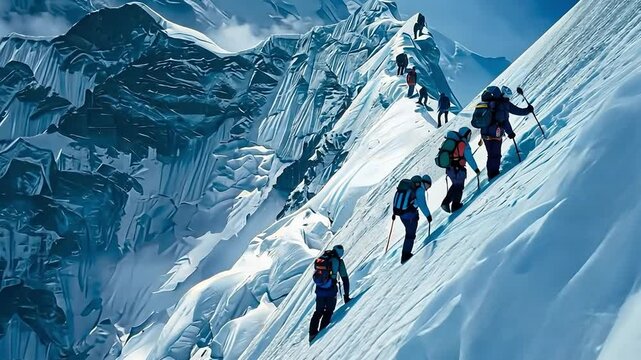 Group of people are climbing a mountain. Concept of adventure and determination as the group of climbers make their way up the steep slope