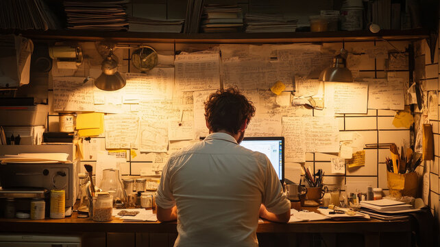 A person working at cluttered desk surrounded by notes and papers, illuminated by warm light from lamps. atmosphere is focused and creative, showcasing busy workspace