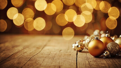 Wooden Tabletop with Golden Baubles and Festive Glow