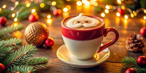 Festive Coffee Cup with Santa Latte Art Surrounded by Christmas Decorations and Twinkling Lights for a Cozy Holiday Atmosphere