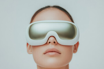 Innovative woman wearing futuristic virtual reality glasses, showcasing modern technology and style. sleek design highlights blend of fashion and functionality