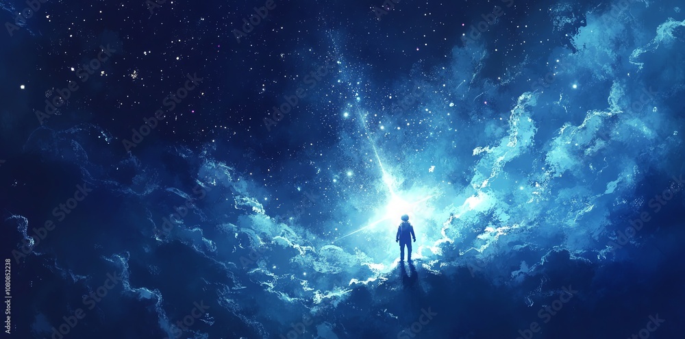 Poster a lone figure stands atop a cloud, gazing out at the vast expanse of the starry night sky. the cloud