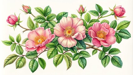 Fototapeta premium Elegant Floral Illustration of a Dogrose Branch Featuring Pink Flowers, Budding Roses, and Lush Green Leaves in Classic Botanical Style