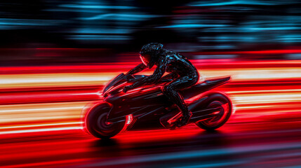 Silhouette of a motorcyclist speeding on a sleek bike, surrounded by vibrant red and blue neon light streaks at night