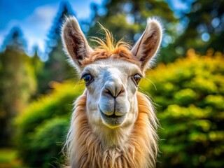 Fototapeta premium Playful Llama Portrait Captured in a Natural Setting with Vibrant Colors and Charming Expression, Showcasing the Beauty and Character of This Unique Animal