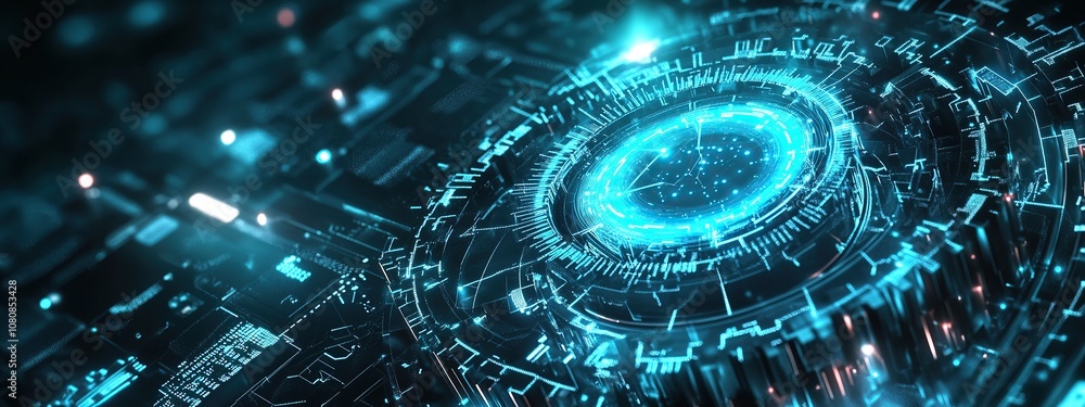 Poster digital gears with data and technology elements on a dark background