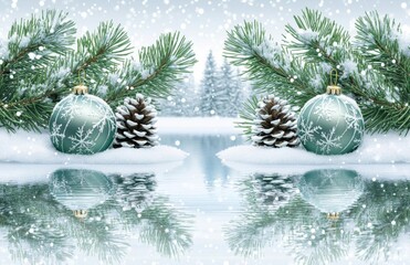 hyper realistic photo of  Christmas - Pine cones and branches  On the snow , isolated on white background,  , copy space, copy space for text,