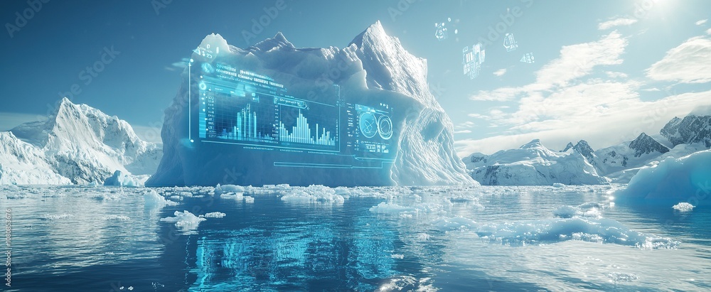 Poster digital icebergs with data visualizations and graphs floating in the water
