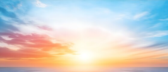 Obraz premium A colorful sunrise over the ocean, with vibrant clouds and a gradient sky transitioning from blue to orange and pink. Concept Vibrant Sunrise, Ocean View, Colorful Clouds, Gradient Sky
