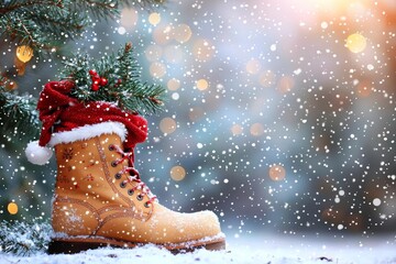 hyper realistic photo of  Nikolaus, Weihnachten  -  Gefullter Nikolausstiefel im Schnee , isolated on white background,  , copy space, copy space for text,