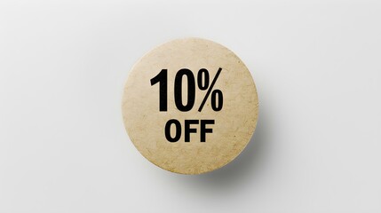 Black '10% OFF' Text on a Beige Round Paper Note. White Background with Copy Space