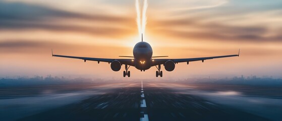 An airplane taking off or landing against a sunset backdrop, with visible contrails in the sky. Concept Airplane Takeoff, Sunset Backdrop, Contrails in Sky, Aviation Photography, Scenic Silhouettes