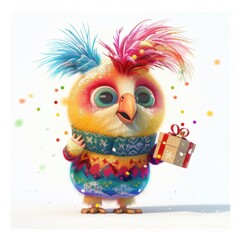A joyful parrot with colorful hair and a festive sweater holds a gift amid a vibrant backdrop