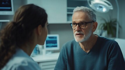 Obraz premium Elderly Man Engaging in a Conversation with a Friendly Nurse Inside a Modern Clinic Setting, Emphasizing Compassionate Healthcare Interactions