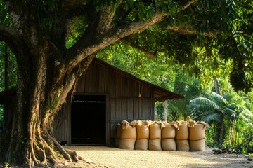 Naklejka premium Sacks of coffee beans by a wooden hut.