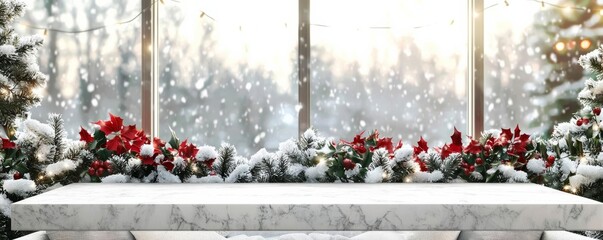 hyper realistic photo of  Empty white marble table top with abstract warm living room decor with christmas tree string light blur background with snow,Holiday backdrop,Mock up bann