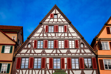 Historic half-timbered gable facade  on the market square in Tübingen, a university city in...