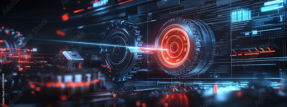 Poster digital gears with data and technology elements on a dark background