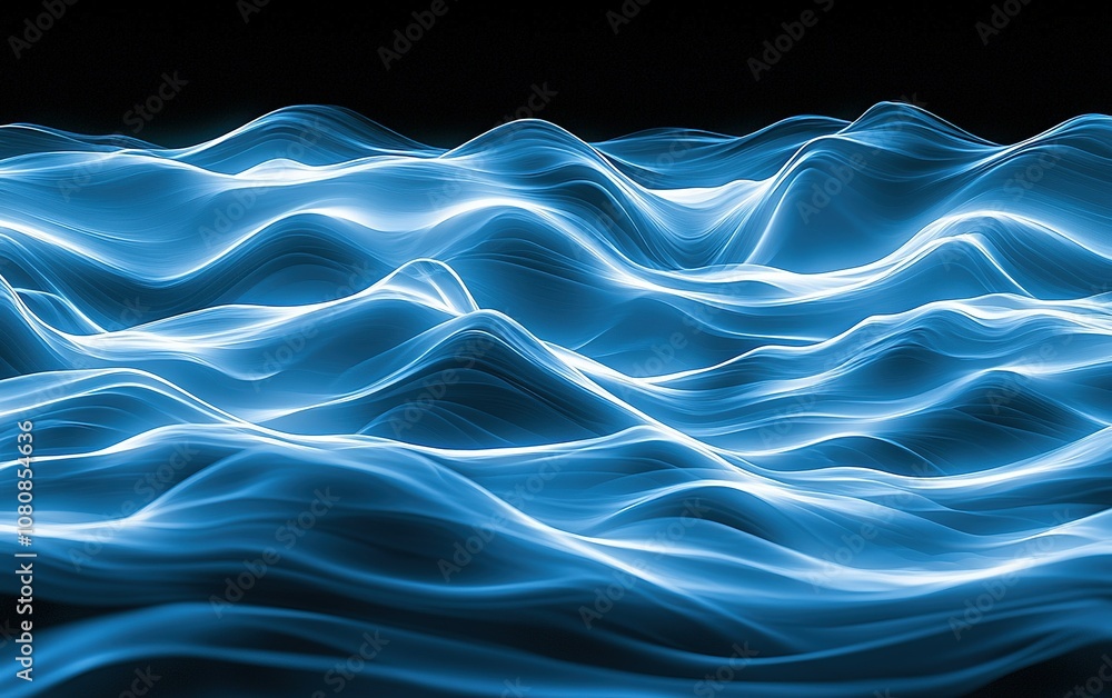 Poster illuminated blue waves undulating in a dark background, showcasing fluid motion and energy dynamics 