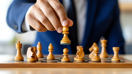 Strategic chess move with hand placing wooden pawn on chessboard, showcasing focus and concentration in competitive game