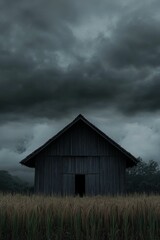 Fototapeta premium Dark wooden shack in a field of tall grass.