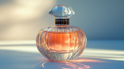 Elegant blue perfume bottle surrounded by delicate pink flowers