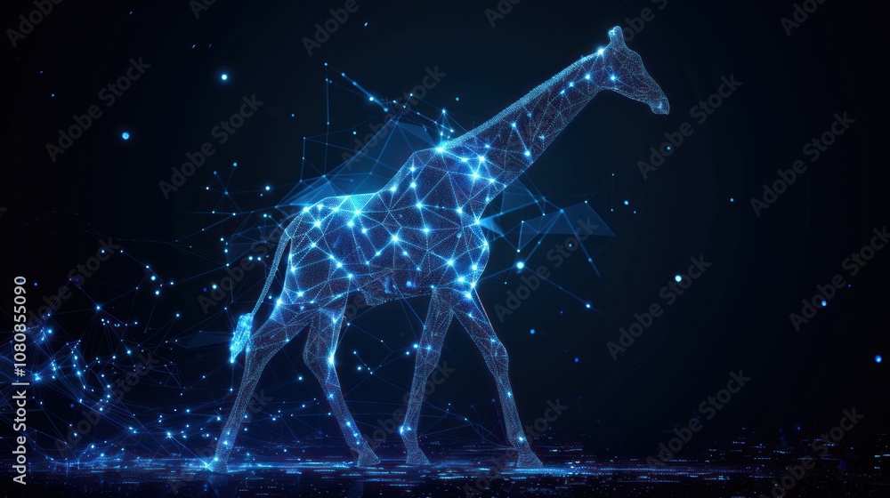 Poster a digital rendering of a giraffe made of glowing blue lines and dots against a dark background.