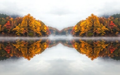Fototapeta premium Autumn foliage reflects beautifully on a tranquil lake in the early morning mist, showcasing nature's vibrant colors