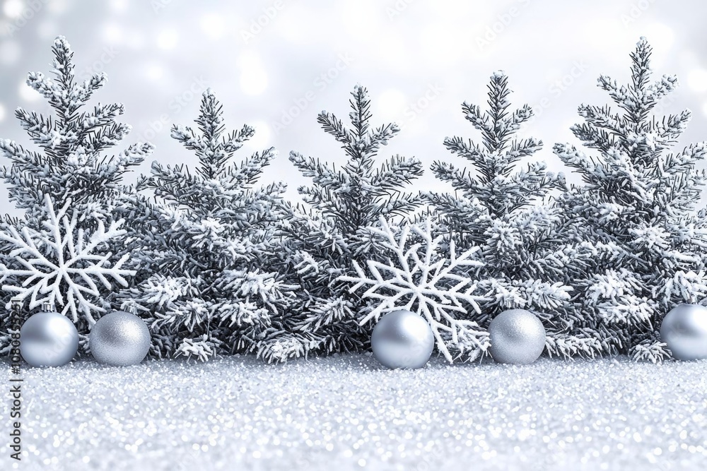 Wall mural hyper realistic photo of snowy trees with twinkling silver background and snowflakes , isolated on w