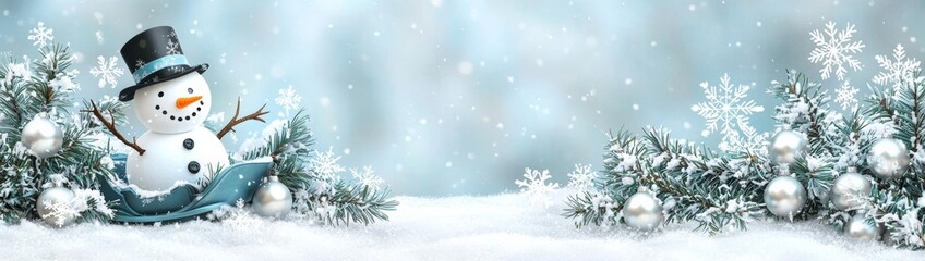hyper realistic photo of  snowman sledding on snow snowflakes - winter background banner long , isolated on white background,  , copy space, copy space for text,