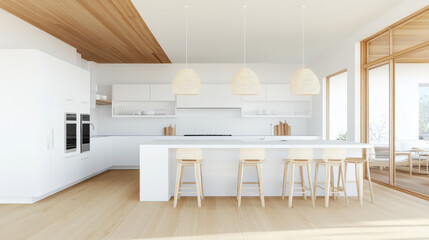 Modern kitchen design features spacious layout with white cabinetry, wooden accents, and stylish pendant lighting. open space invites warmth and functionality, perfect for gatherings