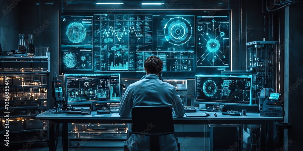 Fototapete A man sits at a computer in a dark room, monitoring data displayed on multiple screens.