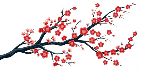 Beautiful Illustrative Scene of Cherry Blossom Branch with Vibrant Red Flowers Set Against a Clean White Background for Artistic and Nature Inspired Projects