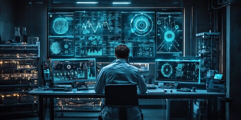 A man sits at a computer in a dark room, monitoring data displayed on multiple screens.