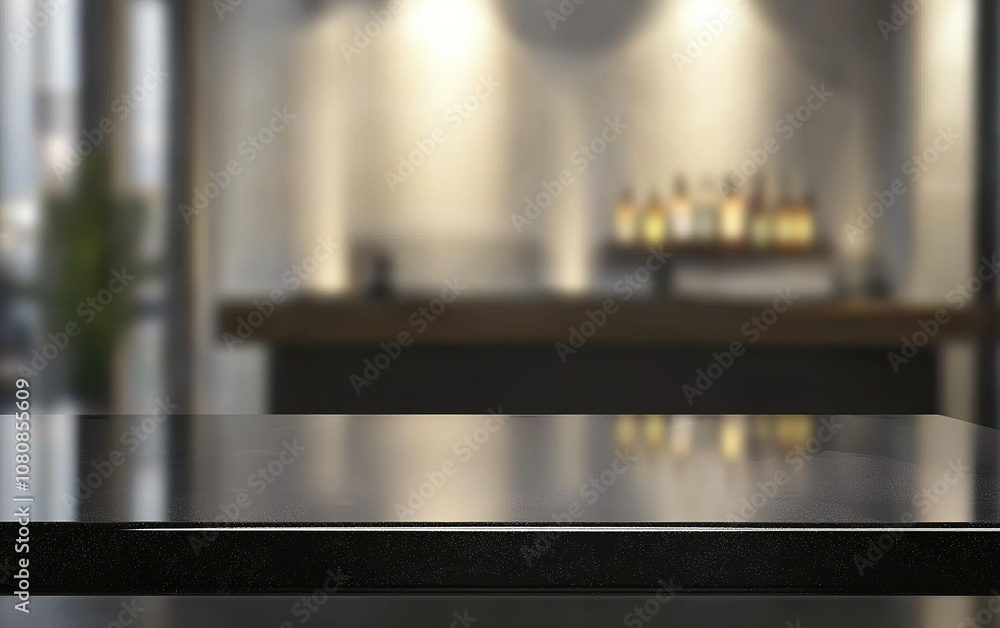 Poster a close-up view of a polished countertop in a modern bar setting with soft lighting in the backgroun