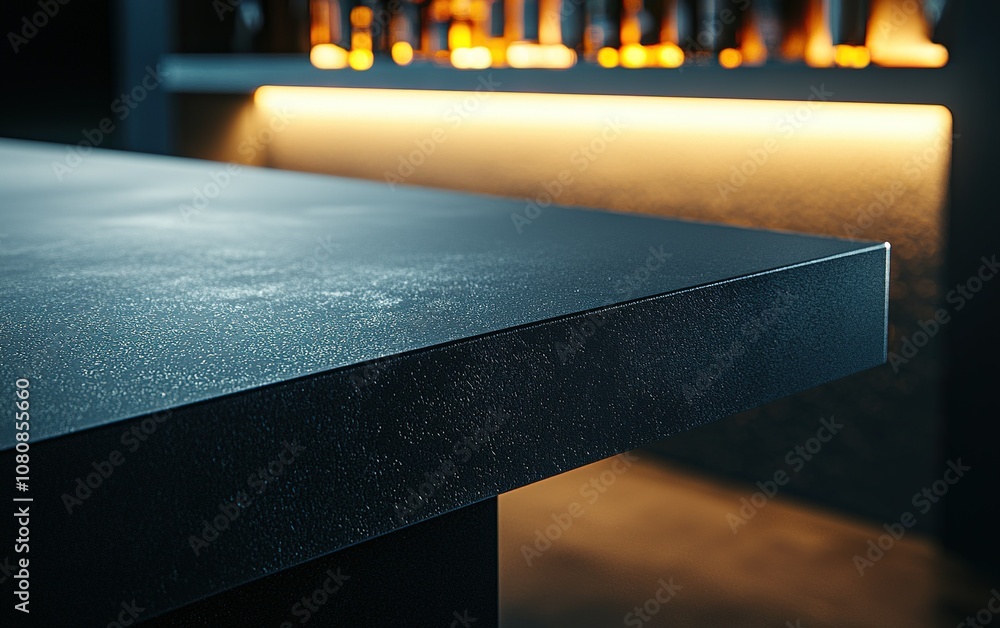 Poster sleek black surface of a modern bar counter illuminated by soft ambient lighting in a stylish contem