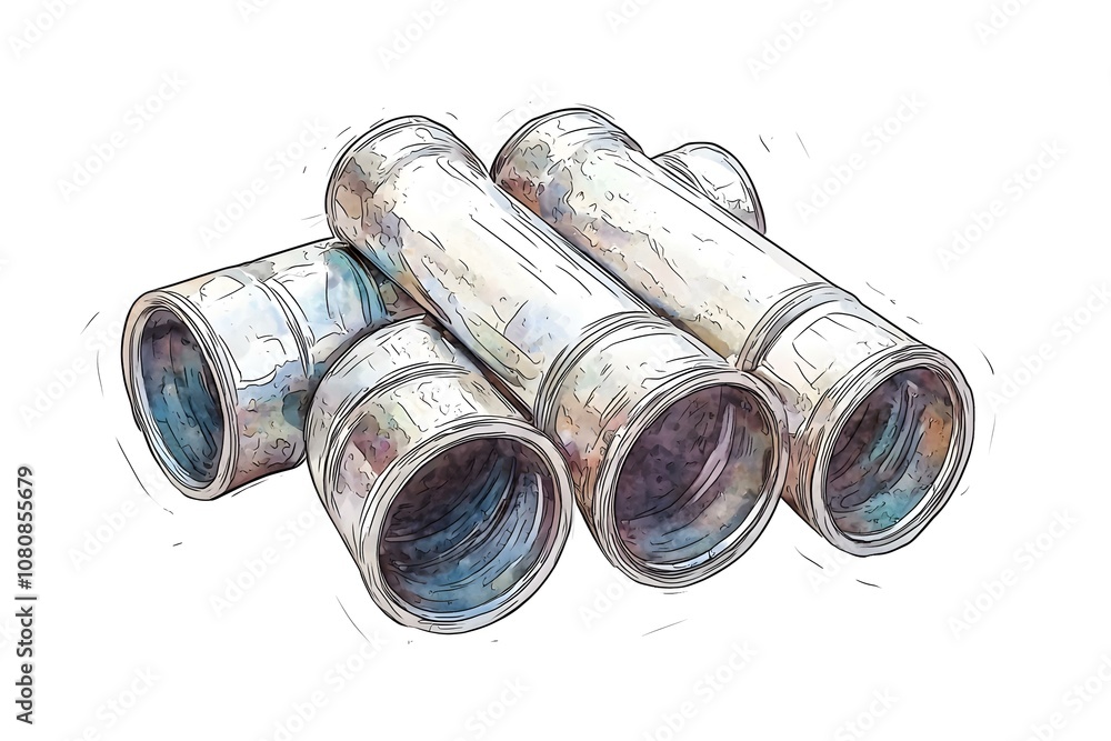 Poster a collection of stylized metallic tubes in a dynamic arrangement, highlighting various textures and 
